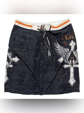 Vintage Y2K Affliction Grunge Cross & Wings Surf Board Style Shorts Size 36